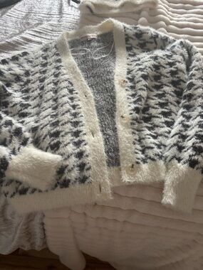 Cozy Black & White Patterned Fuzzy Cardigan Sweater and tank top
